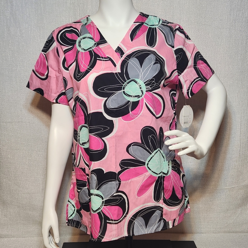 White Cross Scrubs Top New w Tags Pink Floral Large